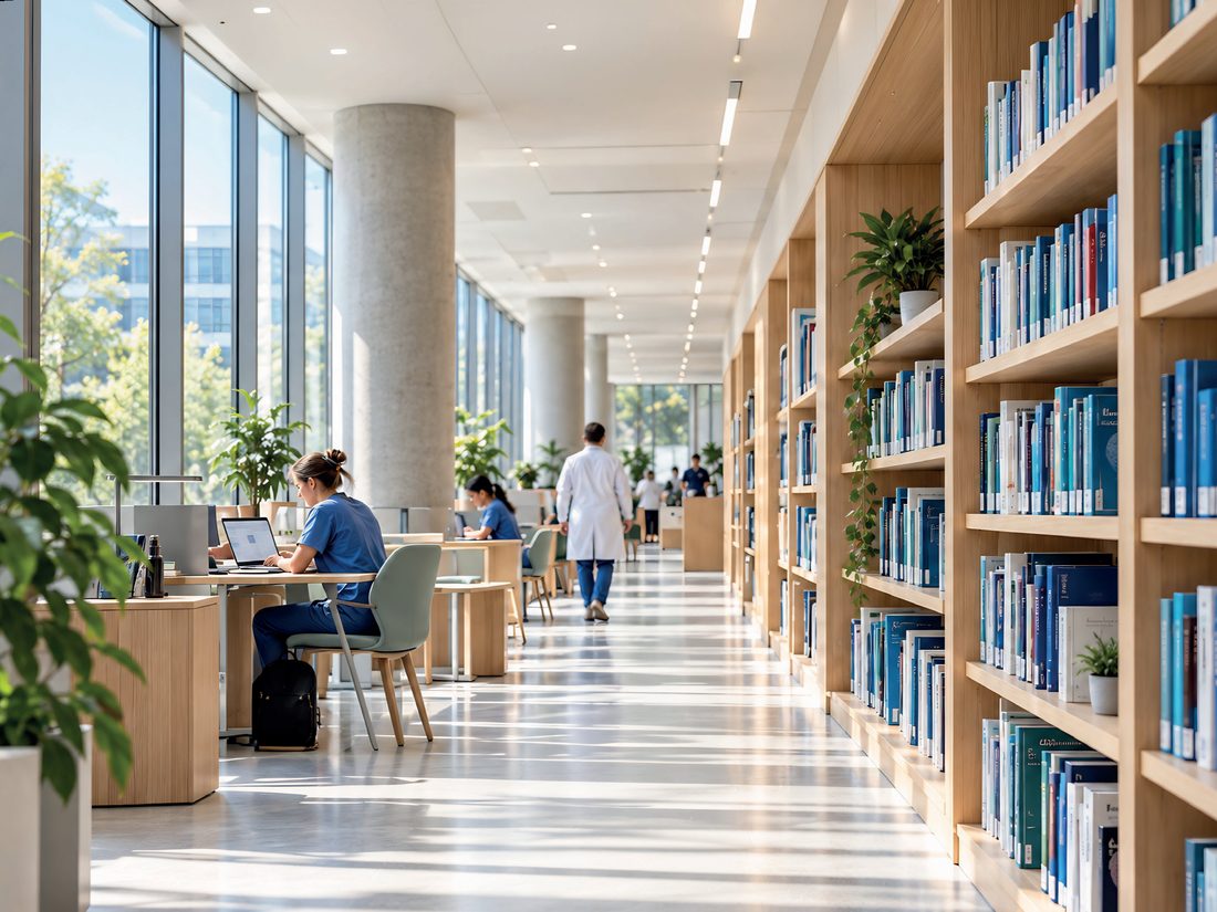 Bright hospital library hall with bookcases and reading tables
