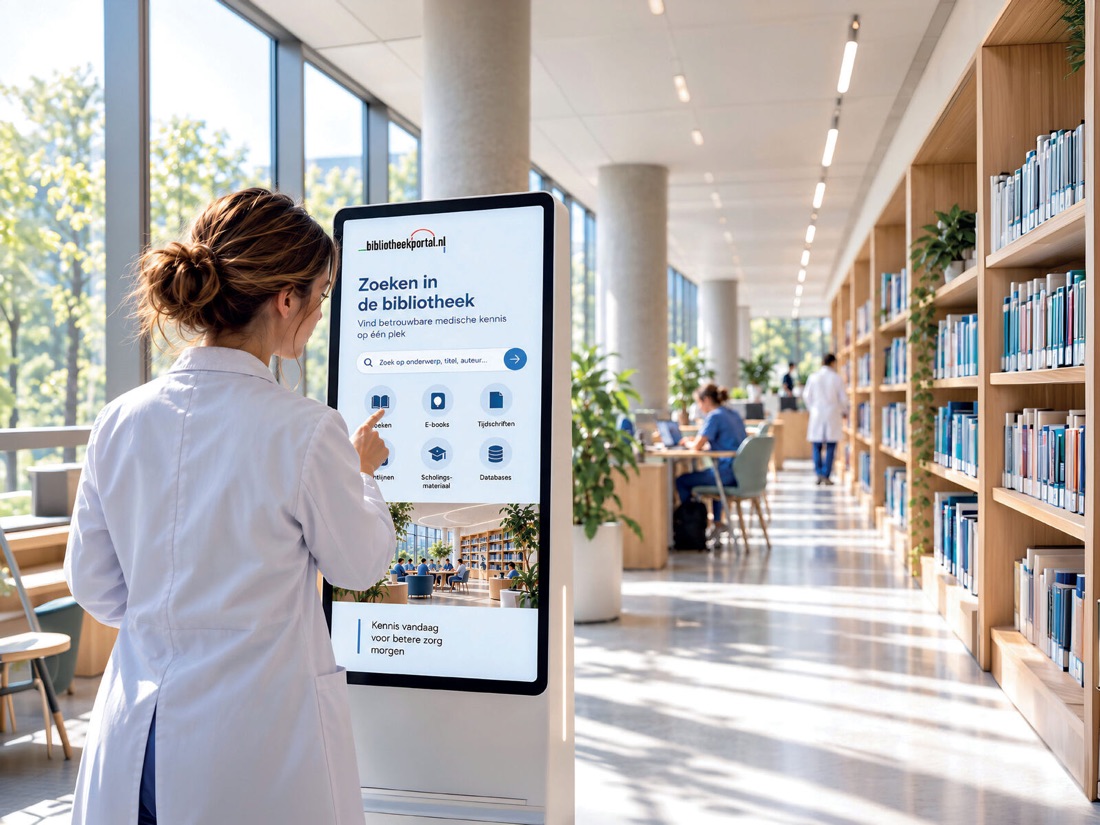 Doctor using a search kiosk showing Bibliotheekportal in a hospital library