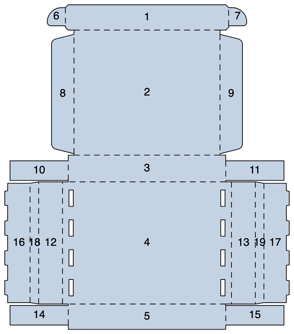 Cutting layout of a folding mailer box with numbered parts, dashed fold lines and slots for the locking tabs
