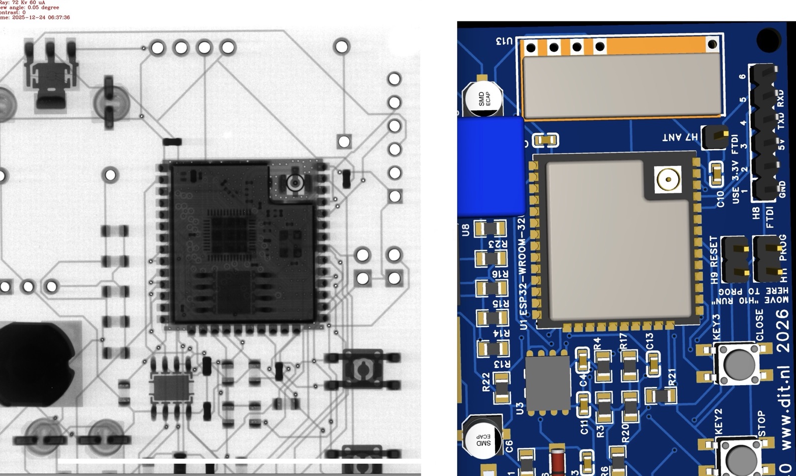 X-ray image of the PoolServer board beside the matching PCB layout around the ESP32 module