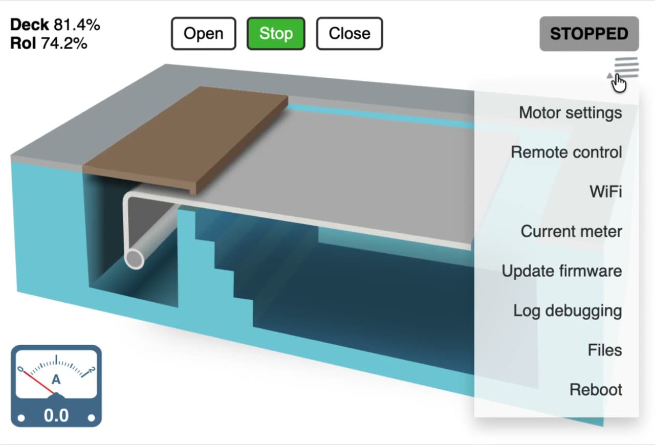 PoolServer user interface with deck position, roller position, motor-current meter and service menu
